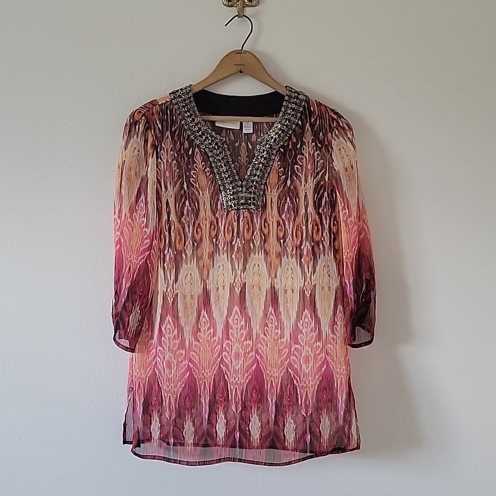 Chico's Sheer Ikat Print‎ Tunic Blouse Sequin Beaded Neckline Size Small